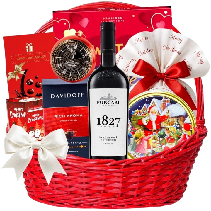 Cos Cadou Craciun „Noel” cu Vin Rara Neagra de Purcari, Panettone, Cafea Davidoff, Praline, Ciocolata si Lumanare Parfumata - Cadou Craciun, Sarbatori, Cadouri Corporate - by CADOURI RAFINATE®