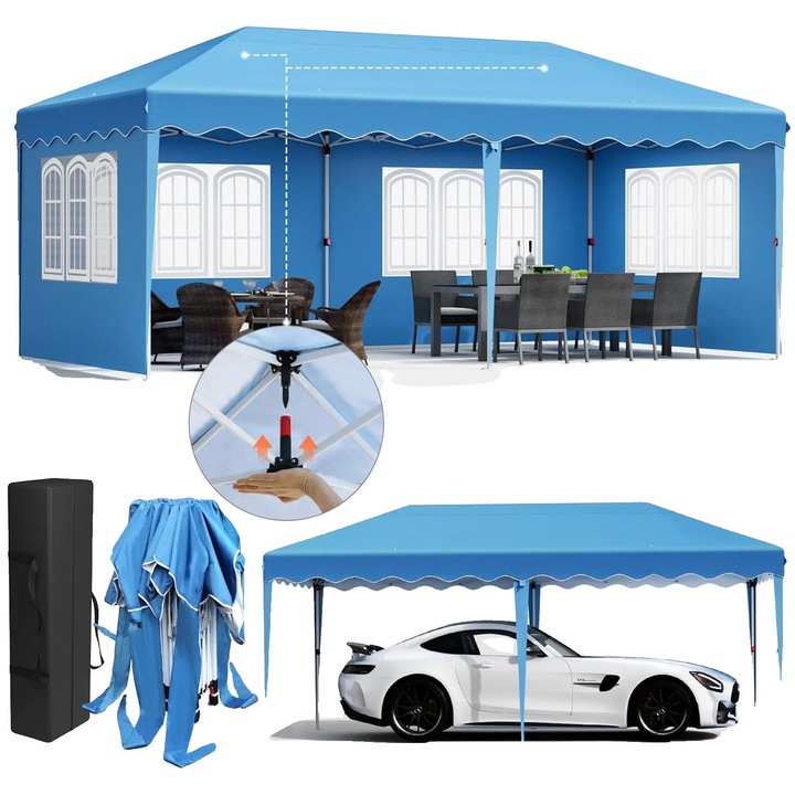 Pavilion gradina, impermeabil, montare rapida, albastru, 3x6m