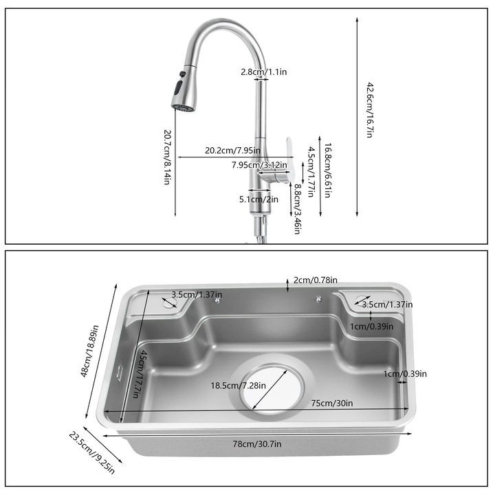 Chiuveta bucatarie, inox, instalare versatila, gri deschis, 780x480x230mm