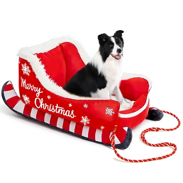 Culcus pentru câini și pisici, MUGIM, Sanie de Crăciun, moale, roșu/alb, 80x63cm