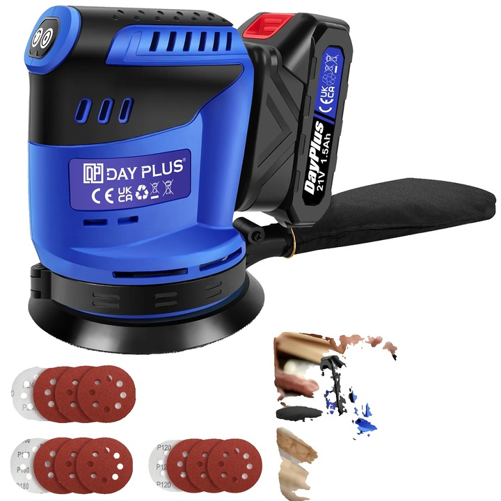 Безжичен орбитален шлайф, 21V, 3000W, 12 шлайфащи диска, 125мм, комплект