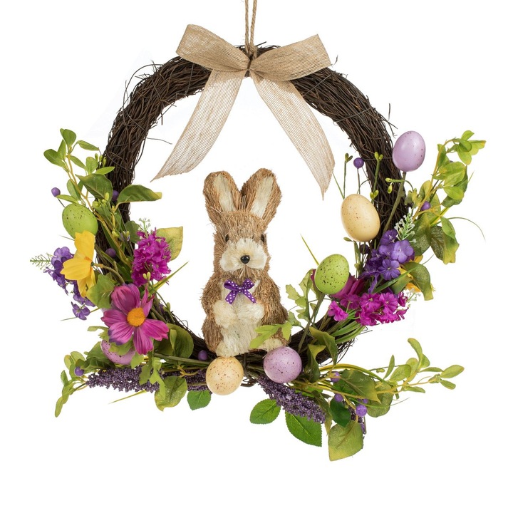 Великденски венец с пастелни яйца, зайчета, цветя 45см