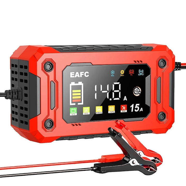 Redresor auto multifunctional 12V 15A, 4Ah-300Ah, portabil, set cu cabluri de incarcare, ecran color mare, afisaj LCD, incarcator inteligent pentru baterii auto, camion, barca, ATV, plumb-acid AGM LiFePo4, Rosu