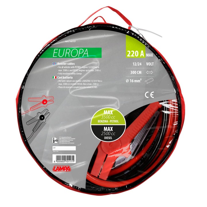 LAMPA EUROPA LAM70117 akkumulátortöltő kábelkészlet, 300 cm hosszú, 230A, 16 mm² keresztmetszet, szigetelt ABS bilincsek