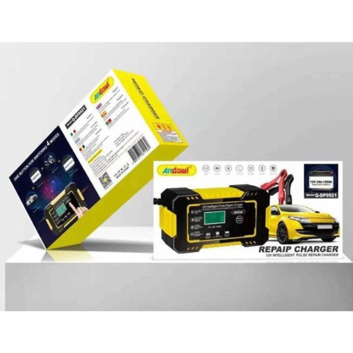 Redresor Baterie - Incarcator Digital Cu Display Atomat Inteligent Pentru Masina Si Motocicleta 12V - galben