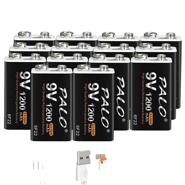 Set 14 Baterii Reincarcabile 9V, 1200mAh, Incarcare USB Type-C, Dimensiuni 49x26x17mm