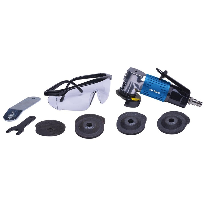 SW-Stahl SWS3294 pneumatikus sarokcsiszoló, 16 darabos tartozékkészlet, 50 mm-es tárcsa, 1/4 hüvelykes levegőcsatlakozó, 20 000 fordulat/perc fordulatszám