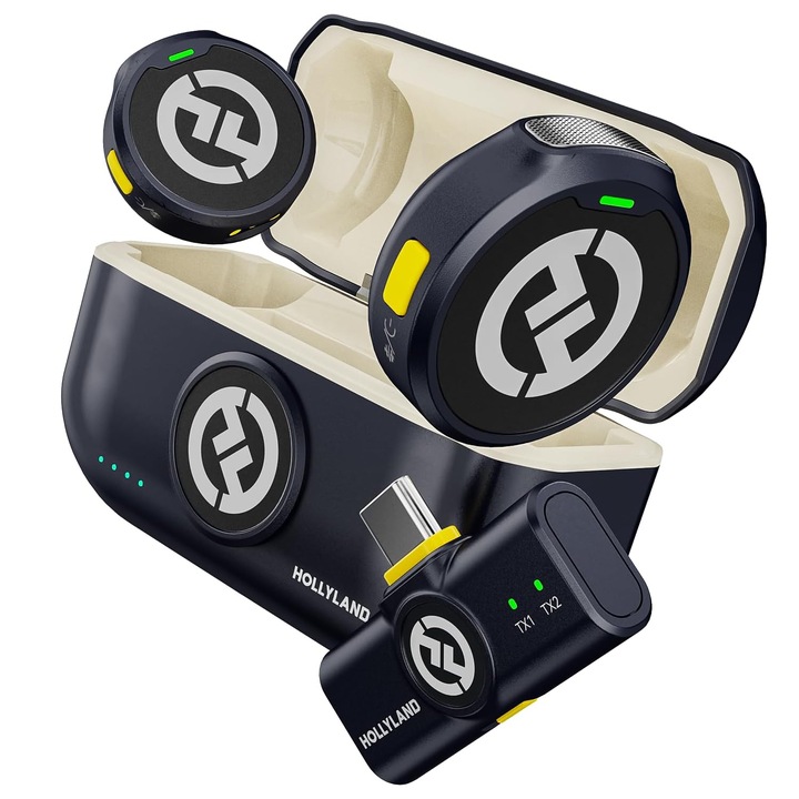 Microfon Lavalier Wireless Hollyland Lark M2 pentru iPhone 15/16 & Android, Microfon Mini USB-C Wireless, Raza 300m, Audio Hi-Fi, Anulare Zgomot, Baterie 30h pentru Inregistrari Video si Streaming