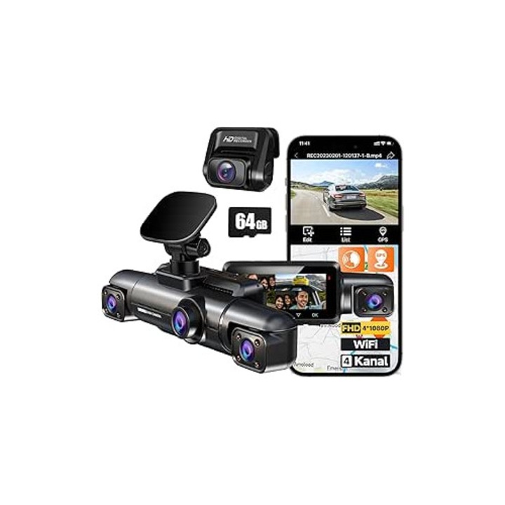 4 csatornás autókamera, GPS WiFi, 3,18 hüvelykes IPS képernyő, 4K+1080P / 2K+2x1080P / 4x1080P, 64 GB SD kártya, G-szenzor, WDR, videóhurok, éjjellátó, hangvezérlés, parkolásfigyelés, első és hátsó belső nézet