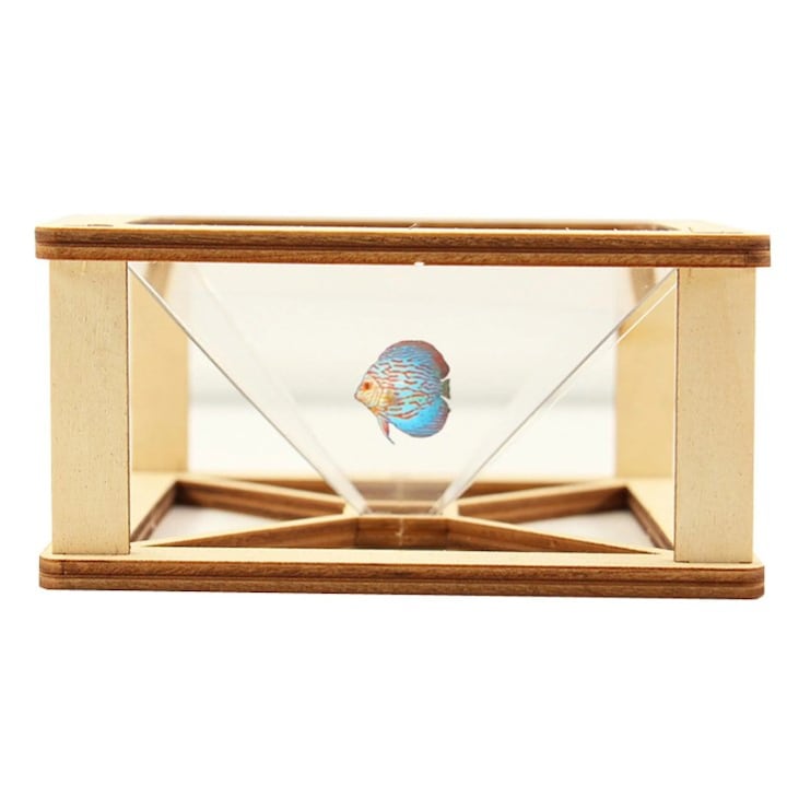 Kit proiector holograma 3D tip piramida, compatibil telefon si tableta, cadru lemn, efect vizual 360°