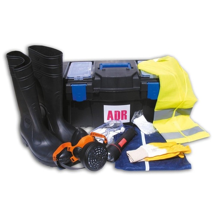 Kit universal HICO ADR003, echipament ADR, cutie din plastic, cizme de protectie, vesta reflectorizanta, ochelari de protectie, combinezon, lanterna, masca