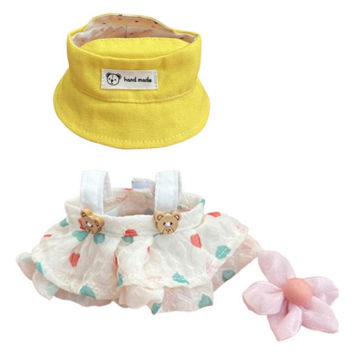 Set de imbracaminte pentru papusi, Labubu, Potrivit 15/17 cm, Palarie cu fusta de tifon, Galben