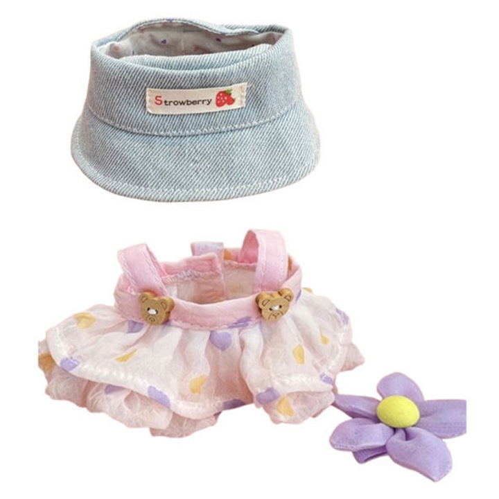 Set de imbracaminte pentru papusi, Labubu, Potrivit 15/17 cm, Palarie cu fusta de tifon, Albastru