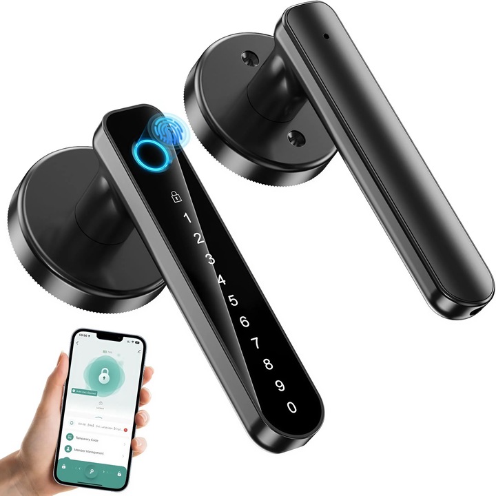 Incuietoare Inteligenta Wireless Vetalux, Amprenta 360°, Deblocare 0.2s, Control prin Aplicatie Mobila, 100 Amprente, 50 Parole, Auto-Lock, Alerta Baterie, Compatibila Usi 35–55mm, Inchidere Automata, 2 Chei, 2 Cartele, Yala Smart
