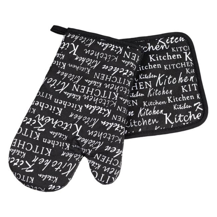 Fekete termokesztyű és szalvéta fehér betűkkel "Konyha" - 2 db