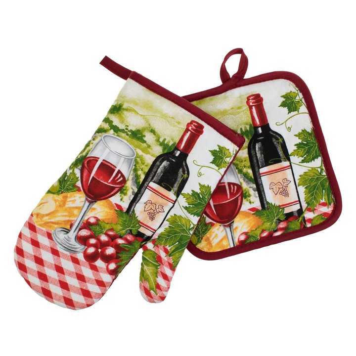 Kesztyű és asztali szalvéta szett borosüveg és pohár mintával - 2db