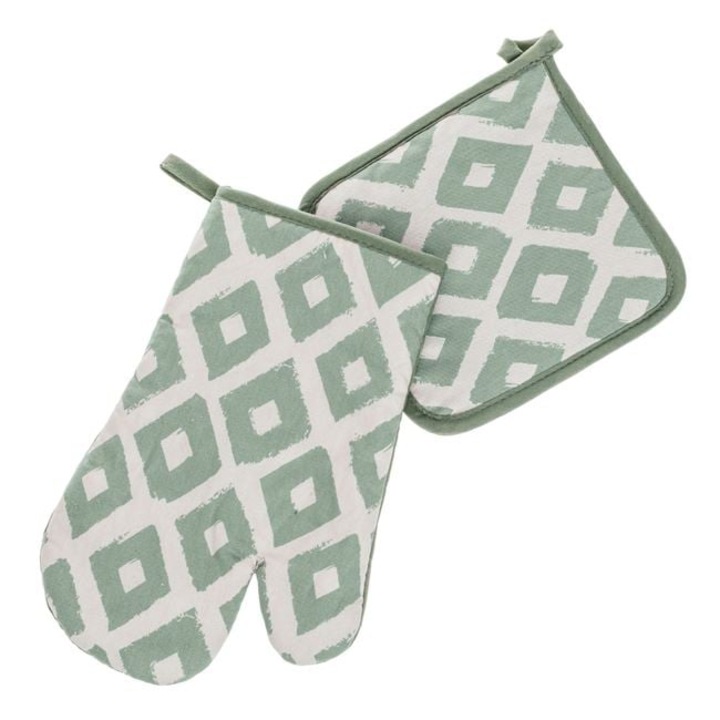 Mentazöld konyhai kesztyű és szalvéta rombuszmintával - 2 db