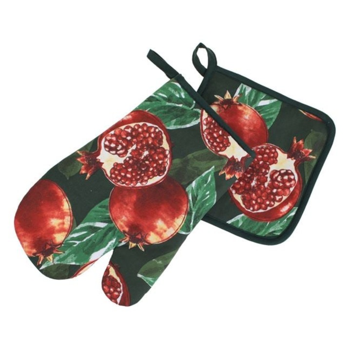 Zöld konyhai kesztyű és szalvéta szett gránátalma mintával - 2 db