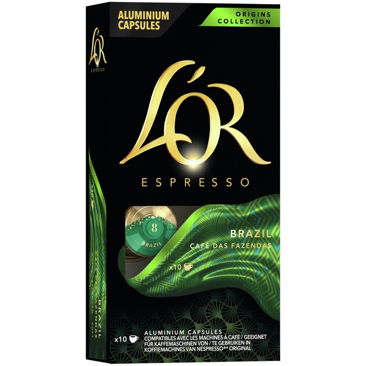 Кафе капсули L'OR Espresso Brazil, 10 напитки x 40 мл, 10 капсули, Съвместими с Nespresso Original, 52 гр