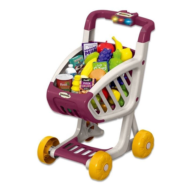Carucior de cumparaturi pentru copii Matadi, cu roti mobile, prevazut cu lumini si sunete, echipat cu 41 accesorii realiste, dimensiune 44.5 x 24 x 34 cm, Pink