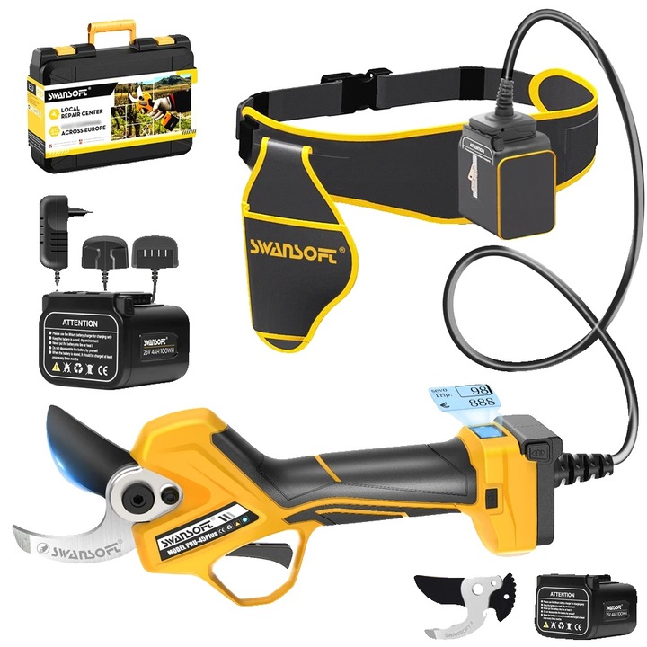 Foarfeca electrica de gradinarit, 8-10 ore autonomie, 0-45mm taiere, galben, set cu doua baterii