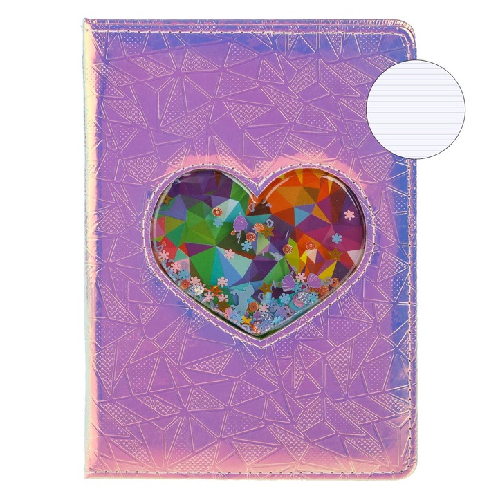 A5-ös jegyzetfüzet, ezüst borítóval, holografikus szív konfettivel - 80f