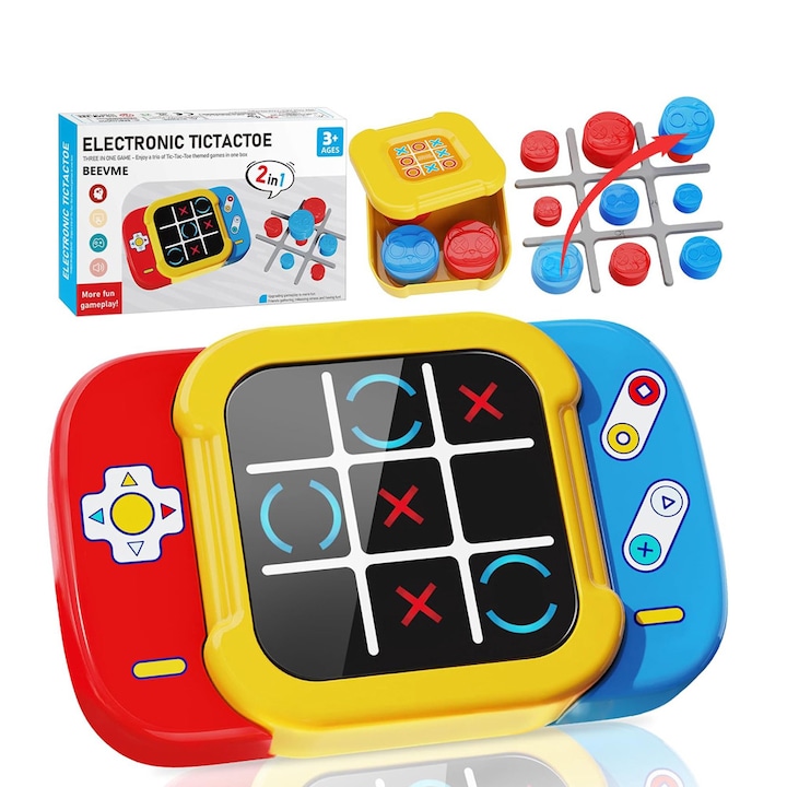 Joc interactiv Tic-Tac-Toe,5 in 1 Electronic Educativ Jucarie Portabila pentru Calatorii, Puzzle pentru Dezvoltarea Memoriei, Pentru Copii 3+ Ani, Ideal pentru Acasa, Masina, Scoala sau Cadou