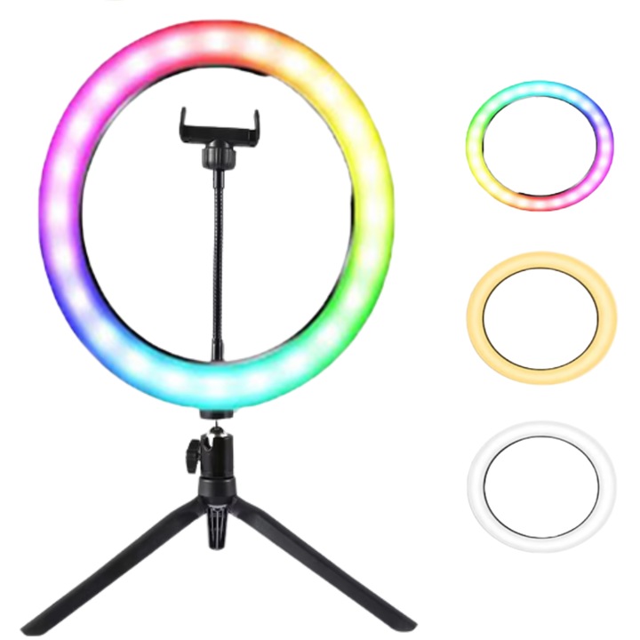 Lampa circulara SDEPOT®, diametru 30 cm/12 inch LED, lumina RGB, conectare USB, 3 moduri de lumina, 10 trepte reglaj, suport telefon, cu trepied mic