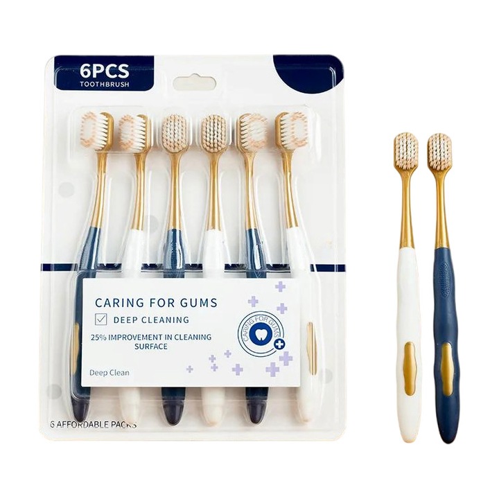 Klasszikus fogkefék, 6 darabos készlet, puha sörték, kék-fehér, 15.5mm