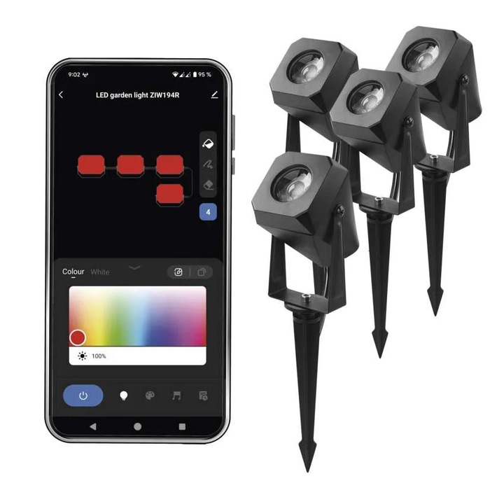 Set Lampi de Gradina Spoturi 4 Buc 7W 400lm Multicolor RGBIC+CCT Cablu 12m, Wifi si Aplicatie Tuya GoSmart