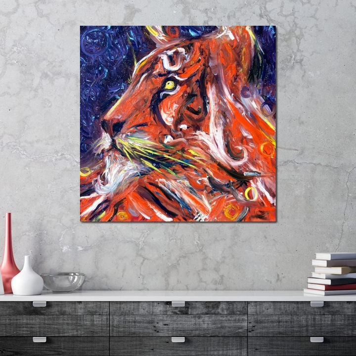 Премиум картина върху платно, LuxCanva® M1373, Горяща слава, 90 X 90 см, 100% памучно платно 400 г/м2, дървена рамка, Лъв, Животно, Огън, Пламъци, Живопис, Импресионизъм, Абстрактно, Цветно, Визия, Портрет, Офис, Хол, Детска стая