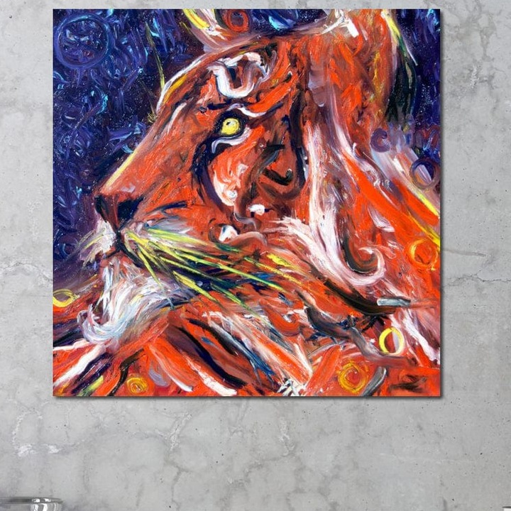 Tablou Canvas Premium, LuxCanva® M1373, Glorie Aprinsa, 50 X 50 CM, Panza Bumbac 100% 400g/m2, Sasiu Lemn, Leu, Animal, Foc, Flacari, Pictura, Impresionism, Abstract, Colorat, Viziune, Portret, Birou, Living, Camera Copil