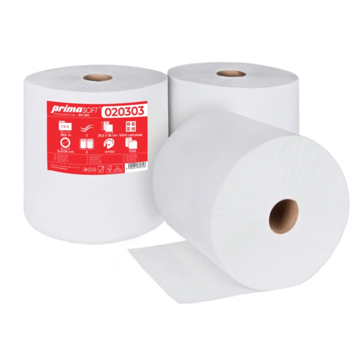 Rola Industriala Hartie Alba, 380m - 2 Straturi, 26.5x36cm, 2 Role/set, Prima Soft