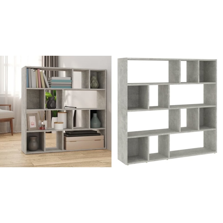 Biblioteca, separator camera, gri beton, 105x24x102 cm