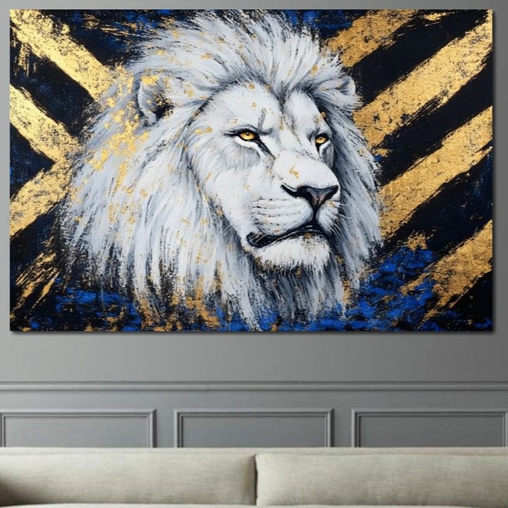 Tablou Canvas Premium, LuxCanva® M1375, Putere Straveche, 40 X 60 CM, Panza Bumbac 100% 400g/m2, Sasiu Lemn, Leu, Animal, Rege, Auriu, Abstract, Noblete, Putere, Mitic, Pictura, Maretie, Birou, Living, Camera Copil