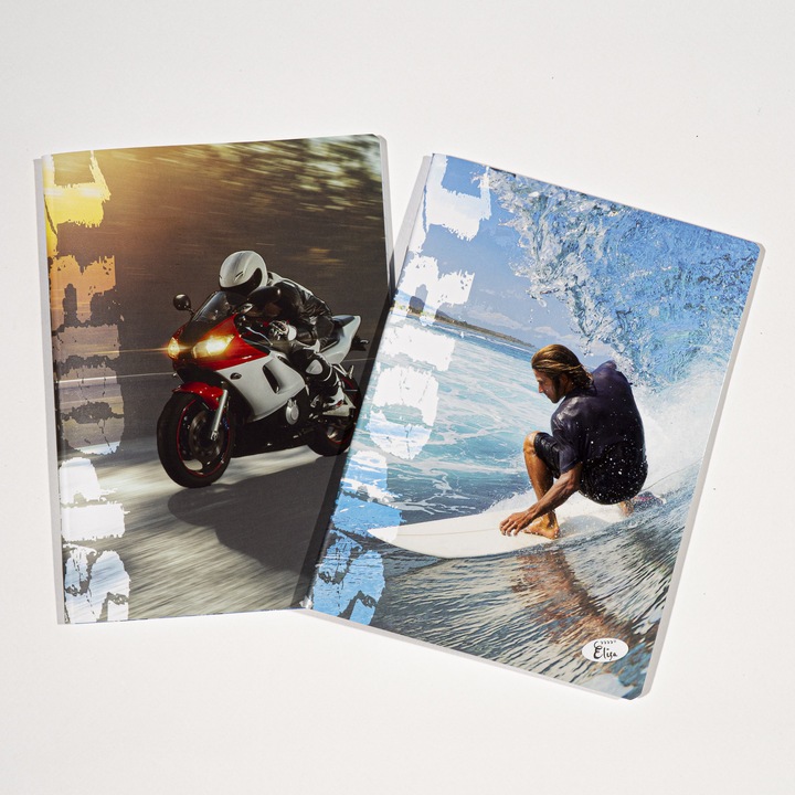 A5 füzet, 48 lapos, 80 g/m², 300 g/m² karton borító, Sport design - Vonalas