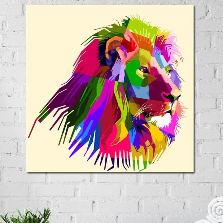 Премиум картина върху платно, LuxCanva® M1376, Хроматична сила, 50 X 50 см, 100% памучно платно 400 г/м2, дървена рамка, Лъв, Поп арт, Модерно, Цветно, Ярко, Градско, Портретно, Неоново, Артистично, Офис, Хол, Детска стая