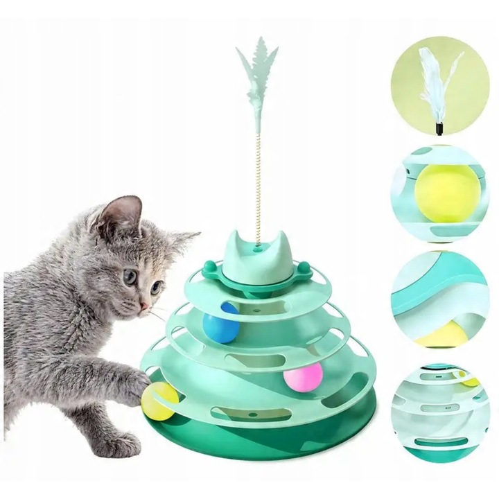 Jucarie interactiva pentru pisici, pista cu role, 3 niveluri, bile, culoare stabila, plastic