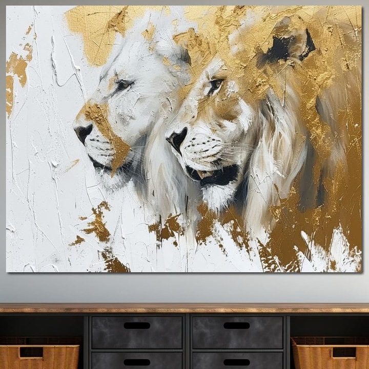 Премиум картина върху платно, LuxCanva® M1378, Кралят и кралицата на джунглата, 45 X 60 см, 100% памучно платно 400 г/м2, дървена рамка, Лъвове, Двойка, Връзка, Животни, Джунгла, Любов, Великолепие, Елегантност, Офис, Хол, Детска стая