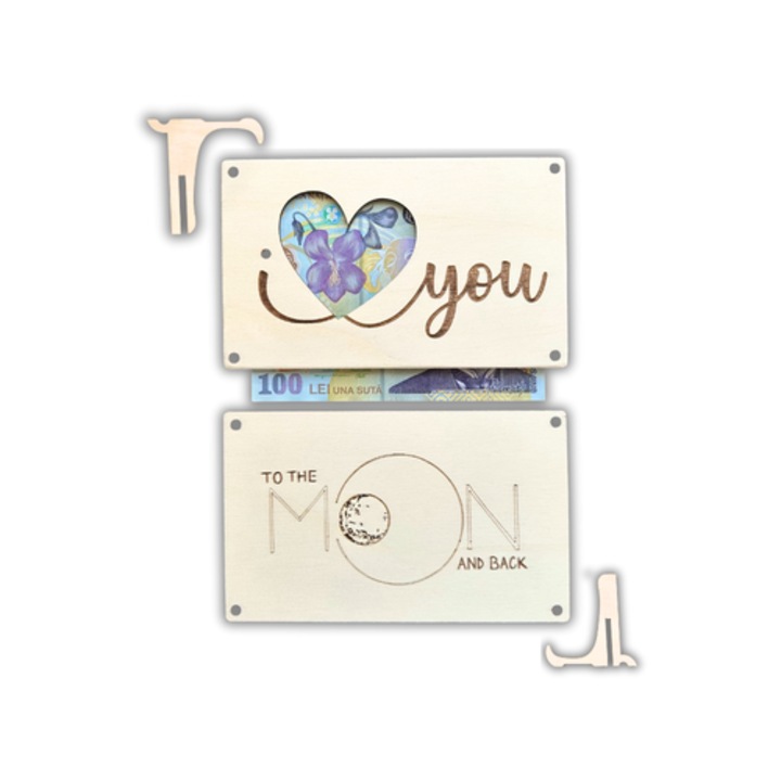 Дървена поздравителна картичка с надпис "Обичам те" 17x10, 5 см, поставка за пари или ваучер и рамка за снимка, с включен крафт плик - романтичен подарък