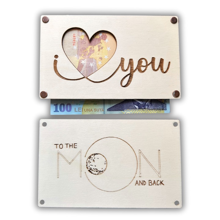 Felicitare din lemn cu mesaj „I love you” 17x10,5 cm, suport pentru bani sau voucher si rama foto