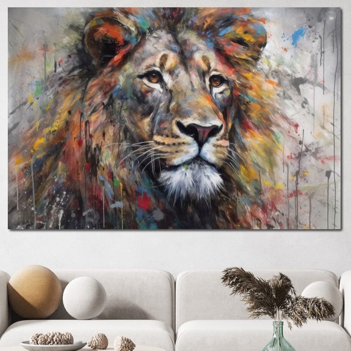 Tablou Canvas Premium, LuxCanva® M1379, Scanteie Regala, 40 X 60 CM, Panza Bumbac 100% 400g/m2, Sasiu Lemn, Pictura, Multicolor, Leu, Animal, Salbatic, Forta, Curaj, Noblete, Picaturi, Birou, Living, Camera Copil