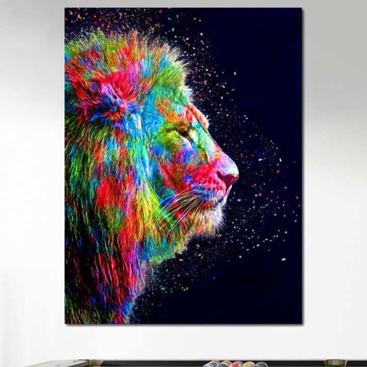 Tablou Canvas Premium, LuxCanva® M1380, Puls de Culoare, 45 X 60 CM, Panza Bumbac 100% 400g/m2, Sasiu Lemn, Intunecat, Stele, Infinit, Univers, Artistic, Leu, Animal, Profil, Multicolor, Birou, Living, Camera Copil