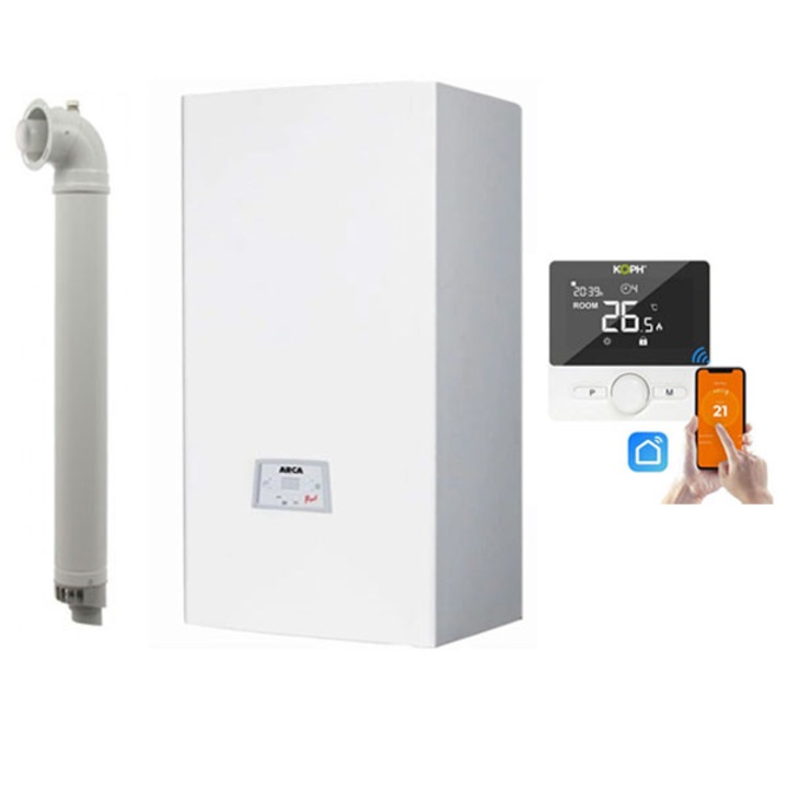 Centrala termică Arca Pixel 25F, 25 kW, tiraj forțat, inclus termostat inteligent KOPH WT-25, kit de evacuare