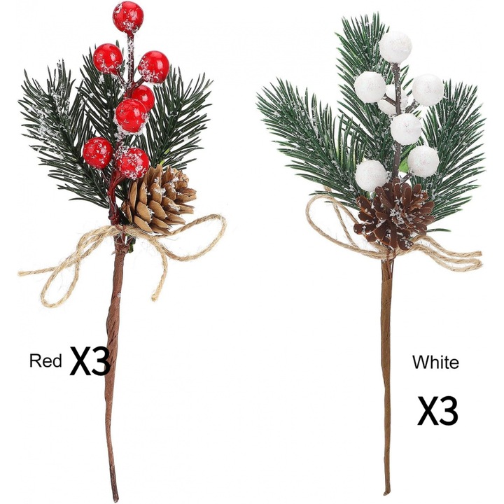 Buchet de flori SUNNYYDS, 6 fire trandafiri artificiali rosii, cu conuri de brad, decor Craciun, set