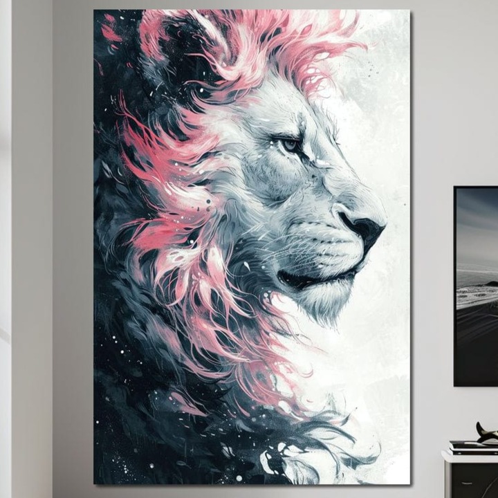 Tablou Canvas Premium, LuxCanva® M1381, Amurg Regal, 40 X 60 CM, Panza Bumbac 100% 400g/m2, Sasiu Lemn, Roz, Gratios, Profil, Leu, Portret, Abstract, Mitic, Sidef, Vis, Majestuos, Birou, Living, Camera Copil