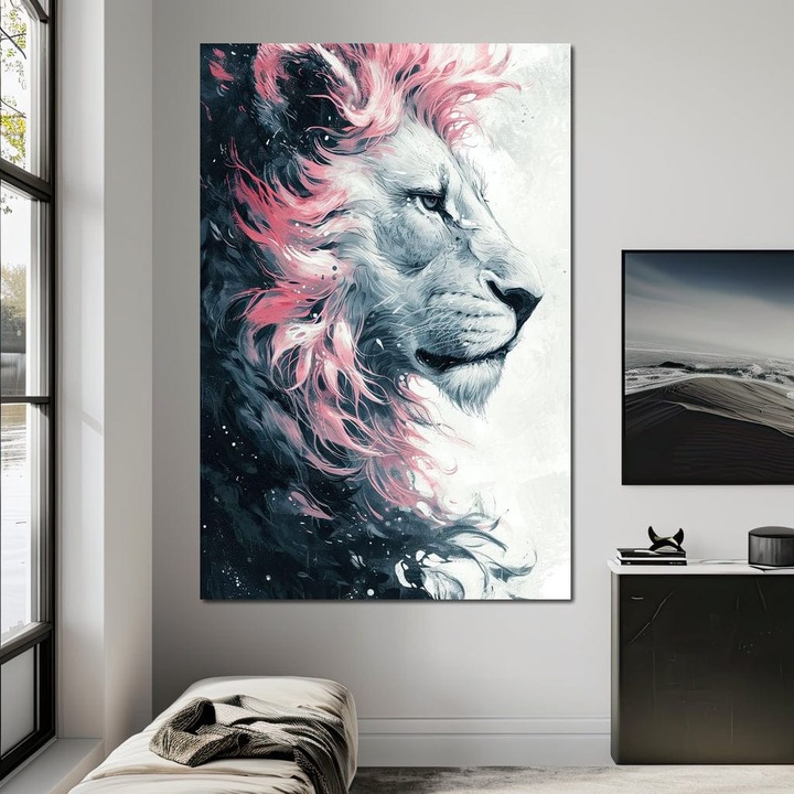 Премиум картина върху платно, LuxCanva® M1381, Кралски здрач, 40 X 60 см, 100% памучно платно 400 г/м2, дървена рамка, розово, грациозно, профил, лъв, портрет, абстрактен, митичен, седеф, мечта, величествен, офис, хол, детска стая