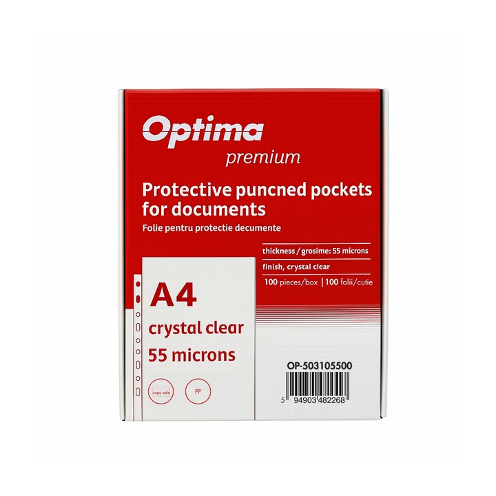 Folie Protectie A4, OPTIMA Premium, 55 Microni, Crystal Clear, 100 Folii/Cutie
