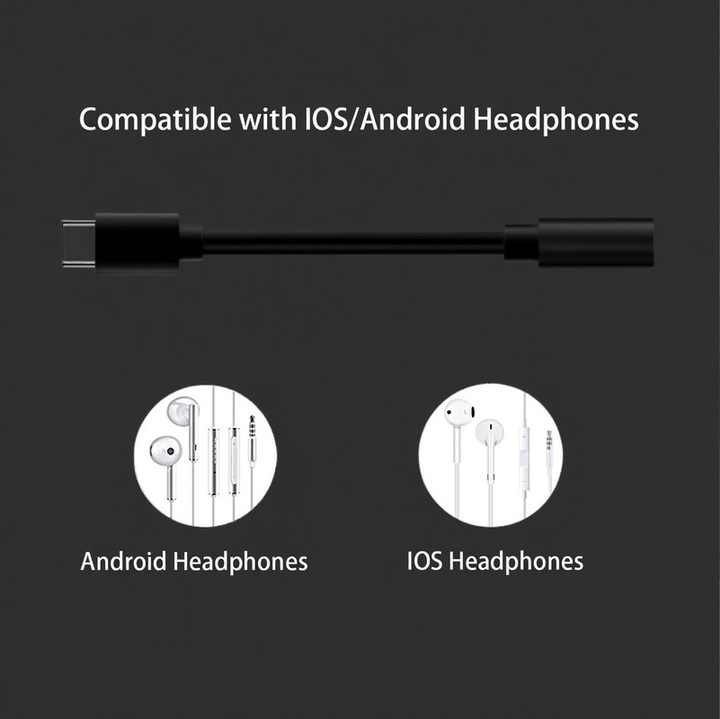 Adaptor Casti USB-C la Jack 3.5mm, Compatibilitate Universala Samsung, Apple, Huawei, Suporta Apeluri si Microfon, negru