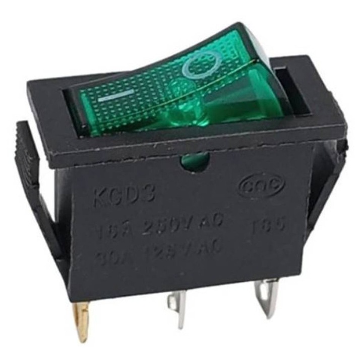 MK1311 kapcsoló, 3 tűs, 2 állású, megvilágított, zöld, 250VAC, 15A, 28x11mm